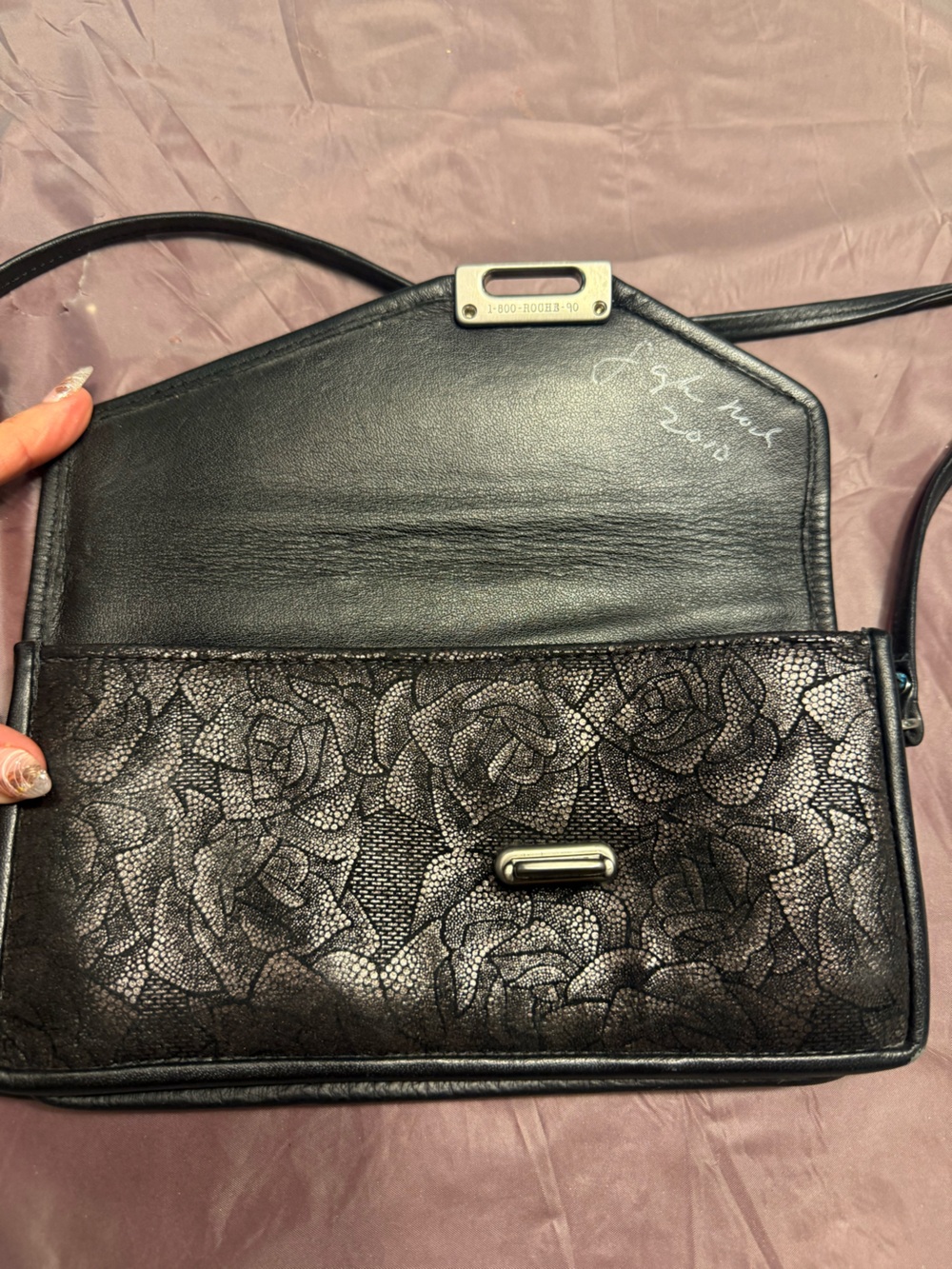 Vintage 2010 Roche Black Floral-Stamped Asymmetrical Leather Crossbody Bag - Picture 12 of 16
